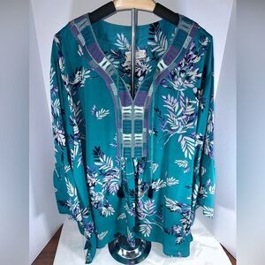 Johnny Was Embroidered Velvet Mix Flare Sleeve Boho Blouse Top Size 3X